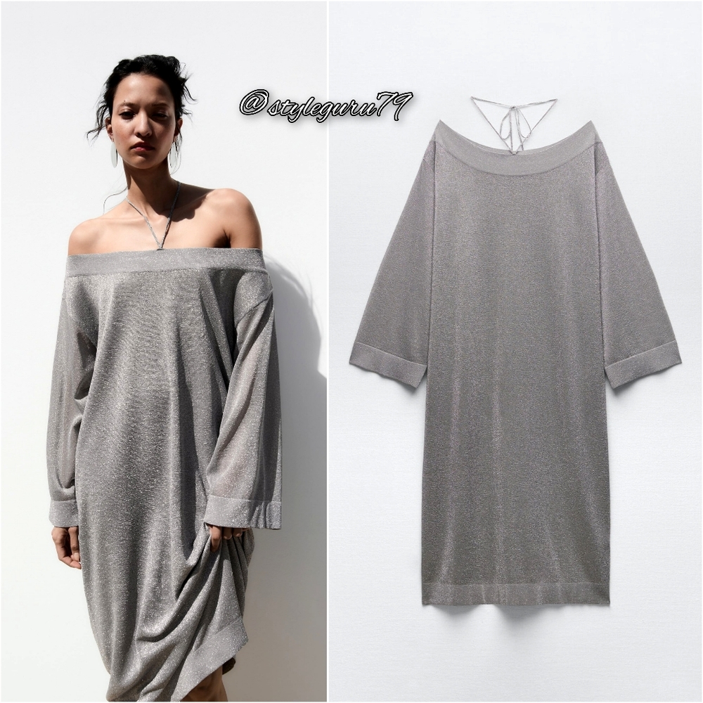 NWT, ZARA, KNIT METALLIC SHIMMER HALTER MIDI DRESS IN SILVER - Picture 2 of 3